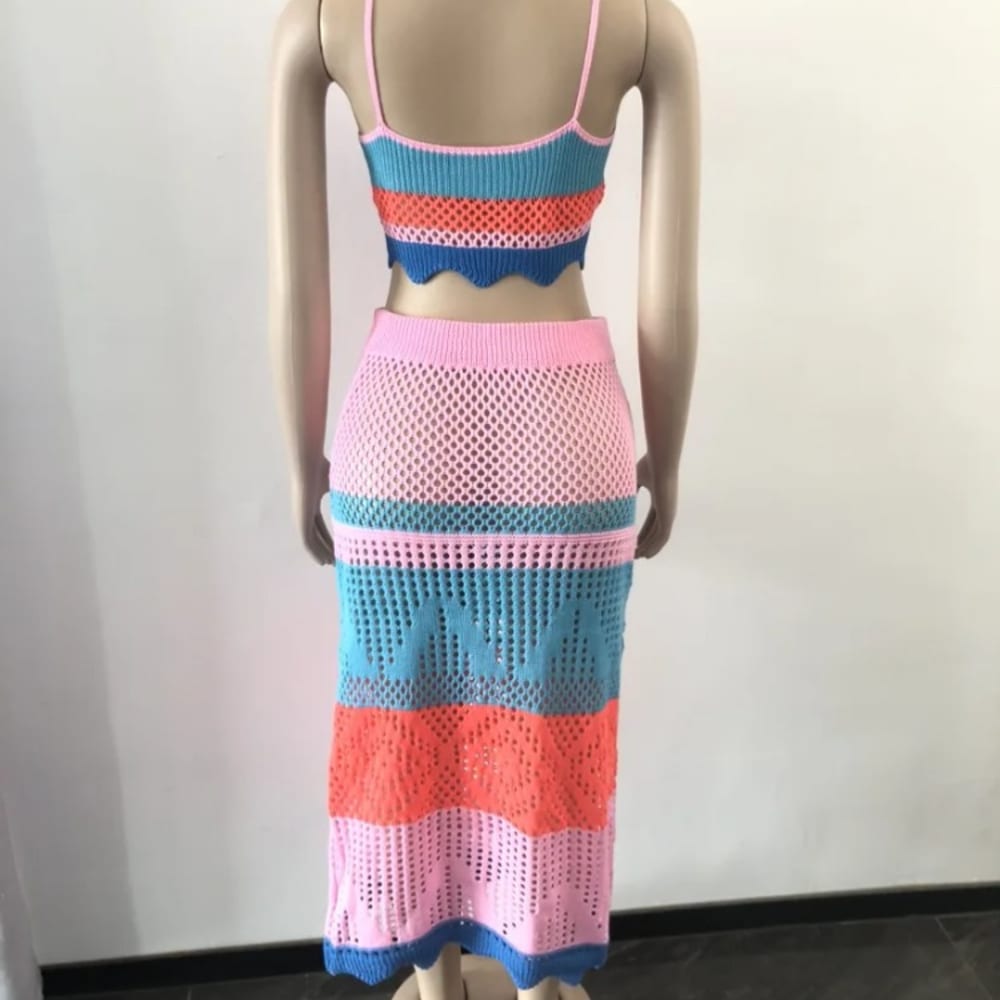 2024 Summer Beach Knit Rib 2 Piece Set Color Block Crop Top 